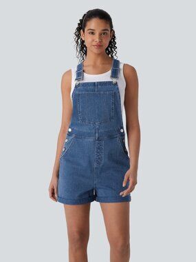 Halara Flex Rolled Hem Washed Denim Casual Short Overalls Sz M Stretch Comfy